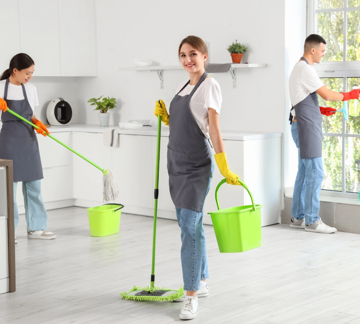 Cleaners mopping floors and wiping kitchen windows